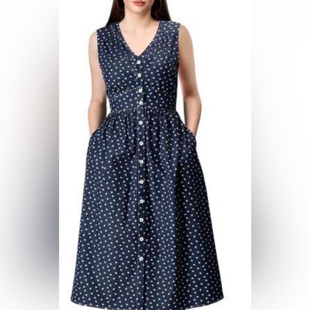 Eshakti Heart Print Cotton Denim Dress NWOT